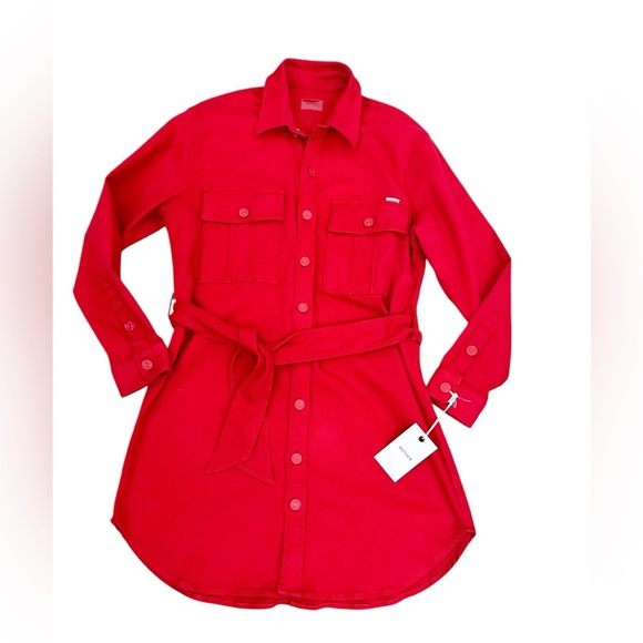NWT MOTHER Cadet Denim Belted Mini Shirtdress in Haute Red Size M - Picture 8 of 15